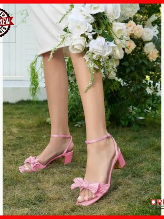 Satin Bow Heels Sandals 2.36 Inch Block Heel Ankle Strap Wedding Shoes - Picture 3 of 7